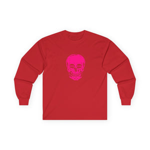 Neon Pink FREE MIND SKULL Unisex Long Sleeve Tee - Pink Skull Design with 'FREE MIND' Text - Retro Casual Style
