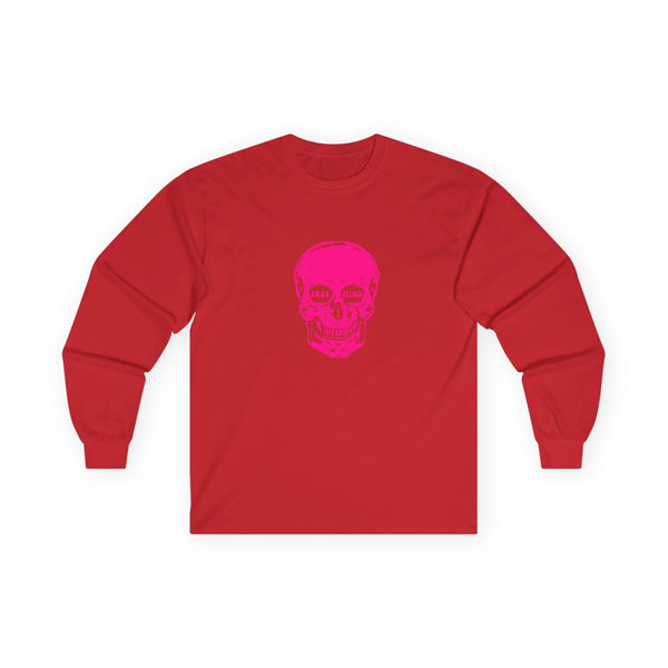 Neon Pink FREE MIND SKULL Unisex Long Sleeve Tee - Pink Skull Design with 'FREE MIND' Text - Retro Casual Style