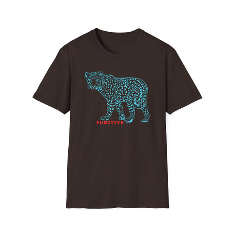 Fugitive Leopard Unisex Softstyle T-Shirt featuring trendy graphic design for wildlife lovers.