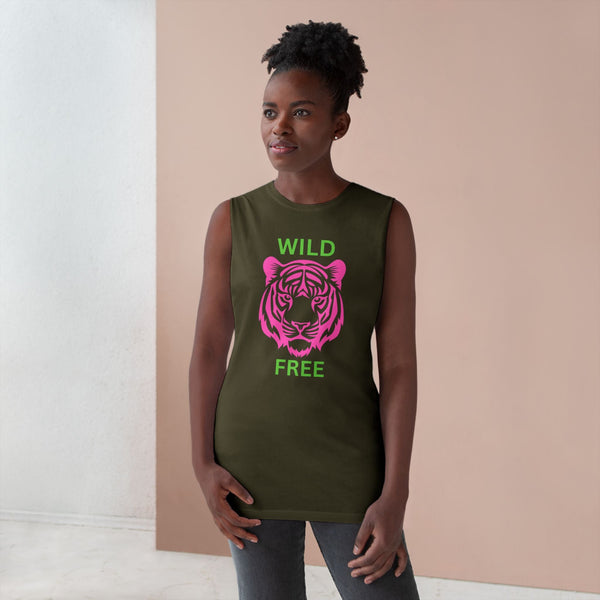 Unisex tank top with vibrant tiger design, "Wild & Free", perfect for casual outings and workouts.