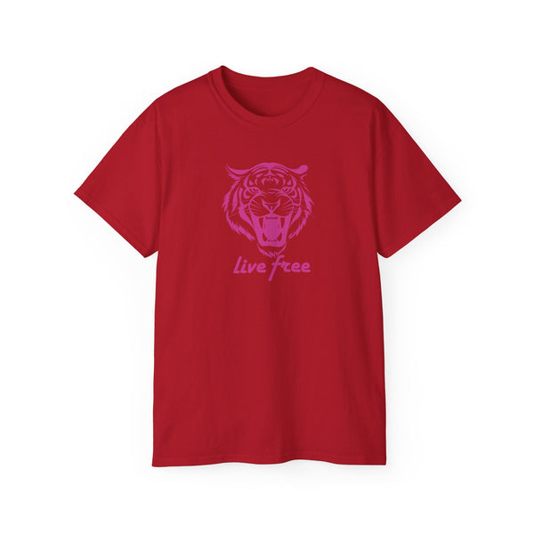 Fugitive Tees- Pink “Live Free” Jumbo Retro Roaring Tiger Head Graphic Tee