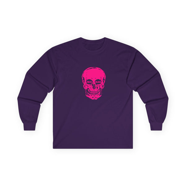 Neon Pink FREE MIND SKULL Unisex Long Sleeve Tee - Pink Skull Design with 'FREE MIND' Text - Retro Casual Style