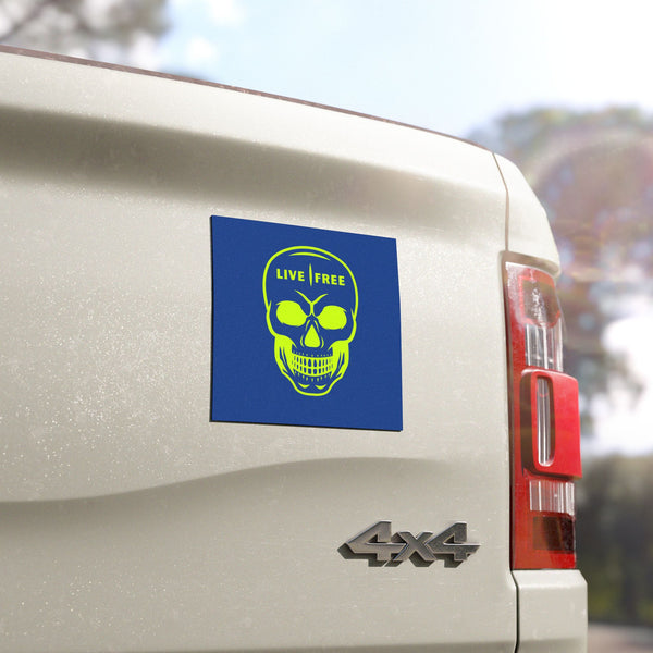 Live Free Neon Green Skull Car Magnet - Bold Automotive Decor for Adventurers