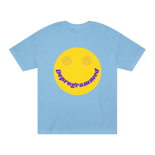 Retro Smiley Graphic Tee - Unisex Classic T-Shirt with 'Deprogrammed' and 'Fugitive' Designs