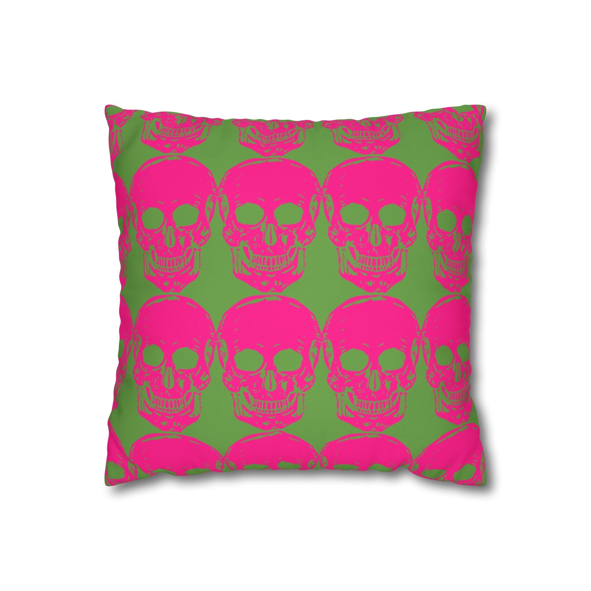 Pink skull pattern throw pillowcase with vibrant design on a green background.