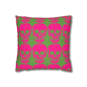 Pink skull pattern throw pillowcase with vibrant design on a green background.