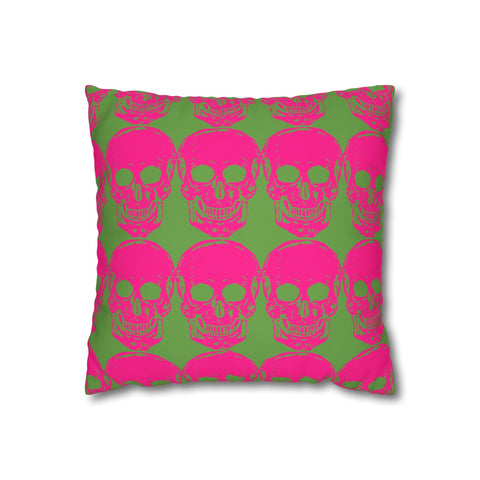 Pink skull pattern throw pillowcase with vibrant design on a green background.