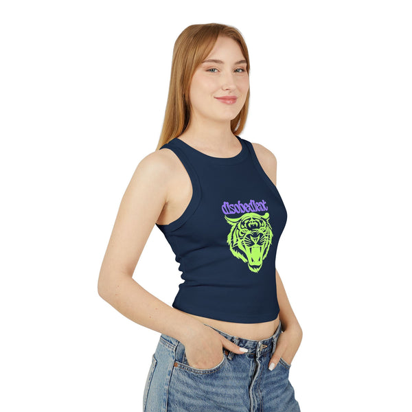 Trendy "Disobedient Tiger" women's micro rib tank top in navy, featuring a bold graphic design, perfect for summer fashion.