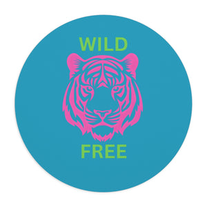 Round neoprene tiger mouse pad with non-slip rubber bottom, featuring wild and free design in blue and pink.