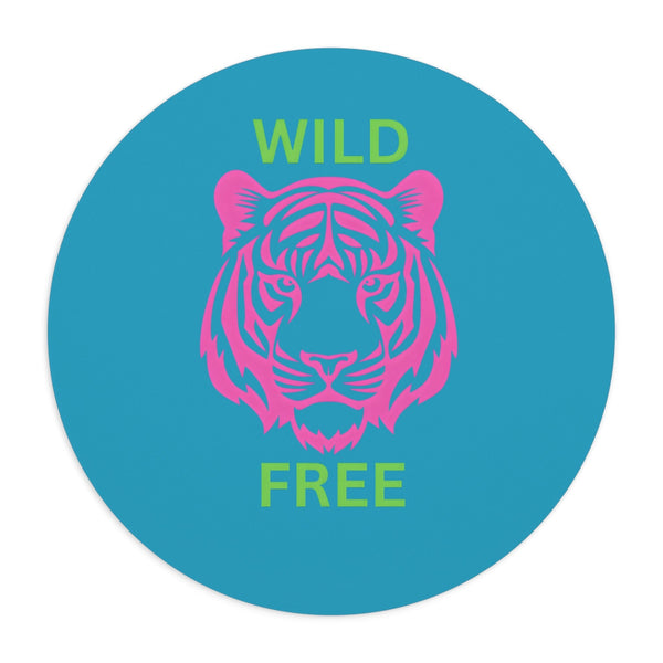Round neoprene tiger mouse pad with non-slip rubber bottom, featuring wild and free design in blue and pink.