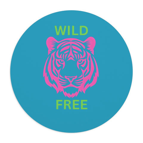 Round neoprene tiger mouse pad with non-slip rubber bottom, featuring wild and free design in blue and pink.