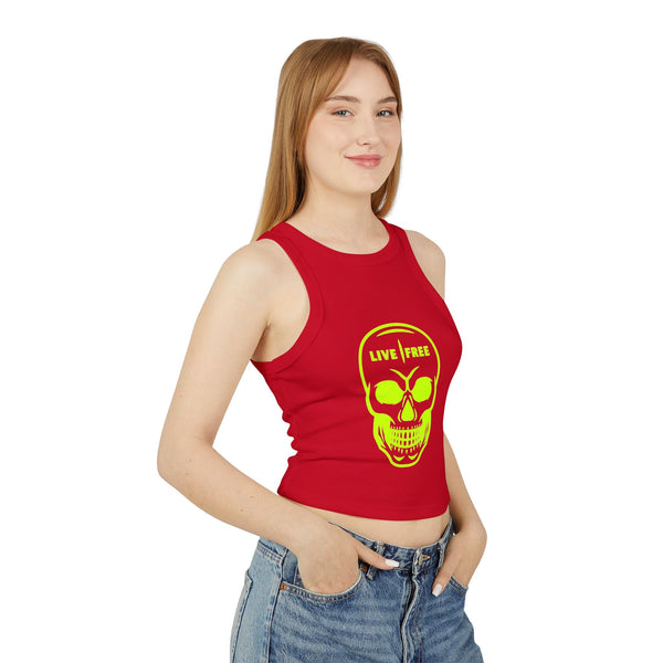Women's Micro Rib Racer Tank Top - Neon Green Live Free Skull Design, Casual Summer Wear