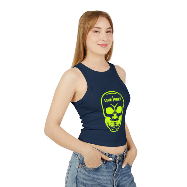 Women's Micro Rib Racer Tank Top - Neon Green Live Free Skull Design, Casual Summer Wear