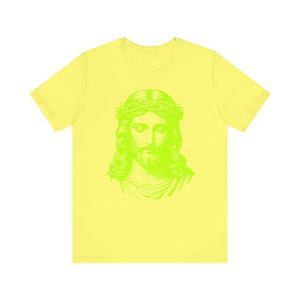Neon lime graphic tee with Crown of Thorns Jesus design, faith-based streetwear.