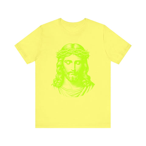 Neon lime graphic tee with Crown of Thorns Jesus design, faith-based streetwear.