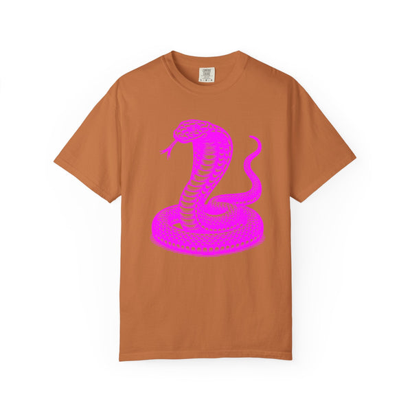 Unisex t-shirt in brown with neon magenta cobra graphic, garment-dyed for softness and individuality.