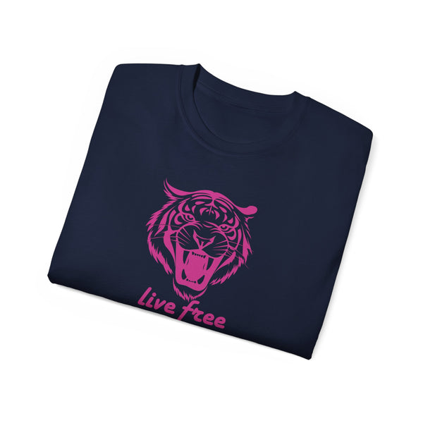 Fugitive Tees- Pink “Live Free” Jumbo Retro Roaring Tiger Head Graphic Tee