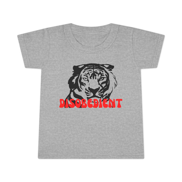 Fun and playful toddler t-shirt with "DISOBEDIENT" and tiger graphic on gray fabric.
