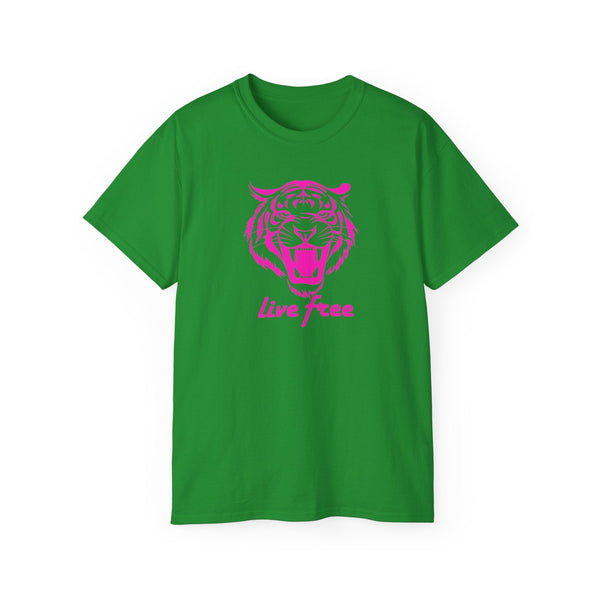 Neon pink tiger graphic tee with "Live Free" slogan, unisex ultra cotton T-shirt.