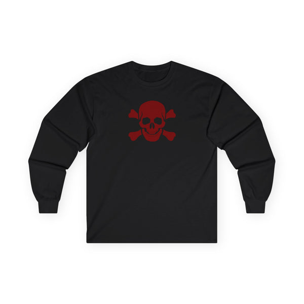 Unisex Long Sleeve Tee - BURGUNDY Skull  and Crossbones Long Sleeved Tee Shirt