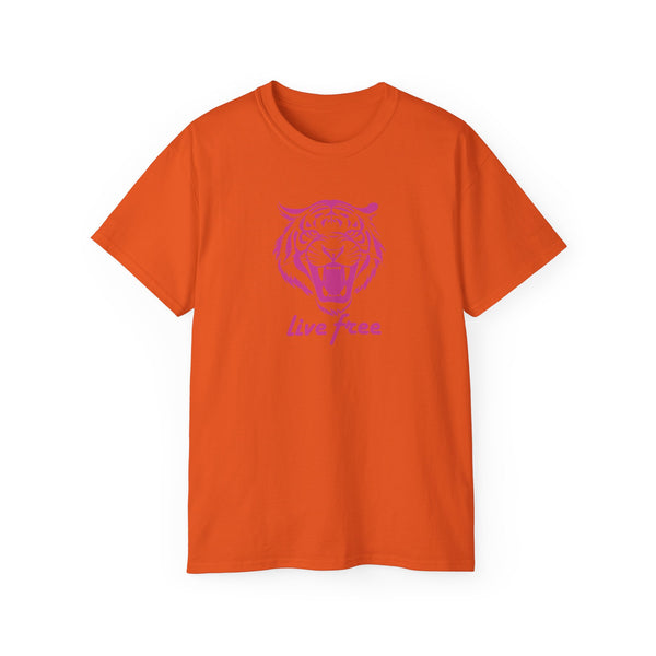 Fugitive Tees- Pink “Live Free” Jumbo Retro Roaring Tiger Head Graphic Tee