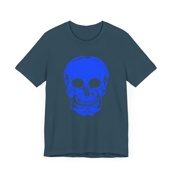 Neon Blue Skull Graphic Tee - Fugitive Statement T-shirt for Bold Style