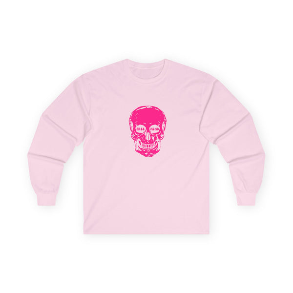 Neon Pink FREE MIND SKULL Unisex Long Sleeve Tee - Pink Skull Design with 'FREE MIND' Text - Retro Casual Style