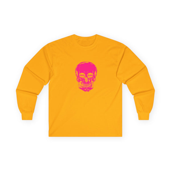 Neon Pink FREE MIND SKULL Unisex Long Sleeve Tee - Pink Skull Design with 'FREE MIND' Text - Retro Casual Style