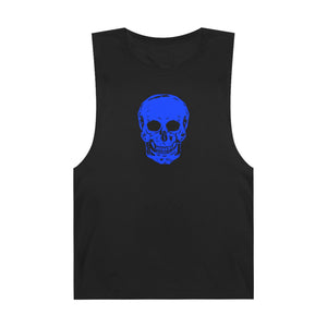 Black muscle tank top with vivid neon blue skull graphic on the front, unisex design, breathable cotton blend fabric.
