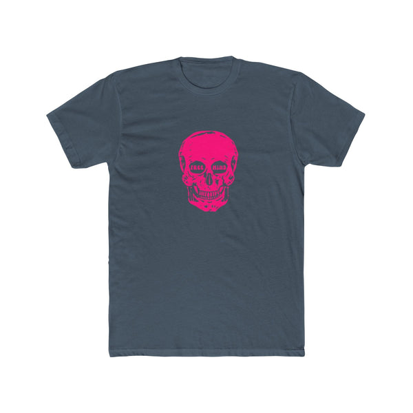 Unisex cotton crew tee with neon pink skull graphic, showcasing free mind design.