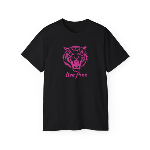 Fugitive Tees- Pink “Live Free” Jumbo Retro Roaring Tiger Head Graphic Tee