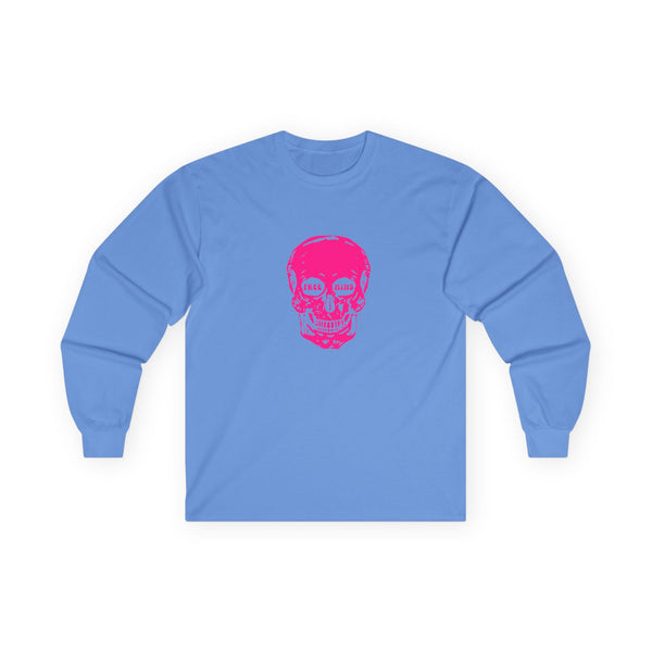 Neon Pink FREE MIND SKULL Unisex Long Sleeve Tee - Pink Skull Design with 'FREE MIND' Text - Retro Casual Style