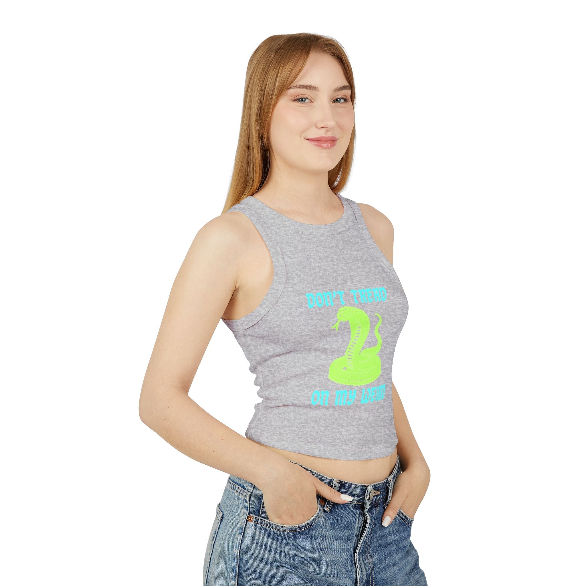 Stylish fitted women's racer tank top with "Don't Tread on My Weird" print, high neck, and mid-length cut in grey.