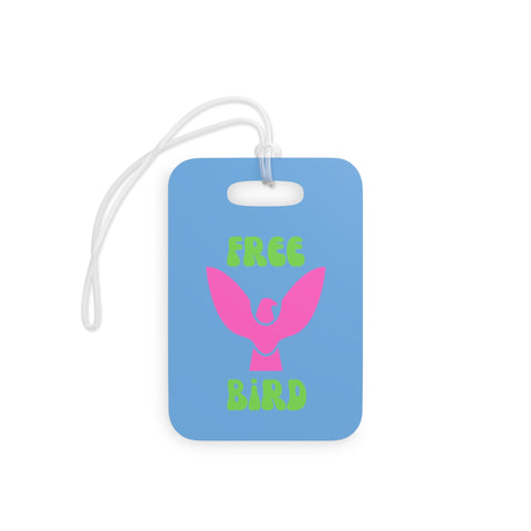 Vibrant Fugitive Tiger luggage tag with "Free Bird" design, ideal travel accessory.