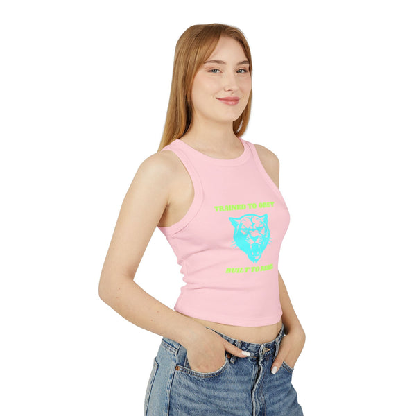 Rebel Tiger Women's Racer Tank Top in pink with trendy micro rib style, featuring a high neck and fitted design.