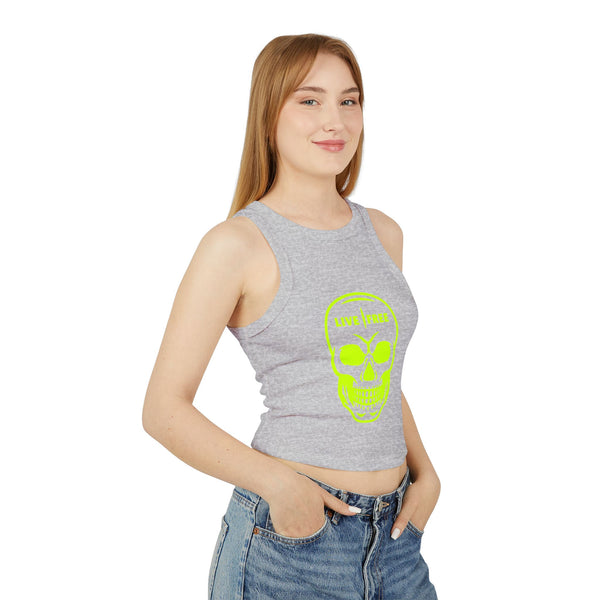 Women's Micro Rib Racer Tank Top - Neon Green Live Free Skull Design, Casual Summer Wear