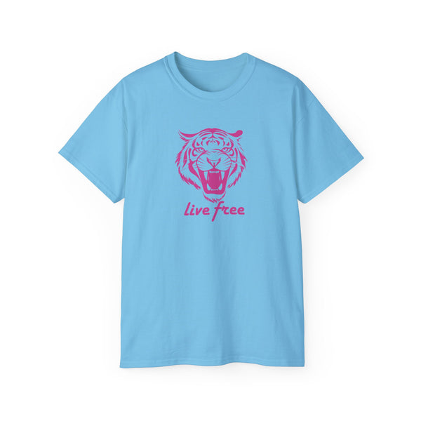 Fugitive Tees- Pink “Live Free” Jumbo Retro Roaring Tiger Head Graphic Tee