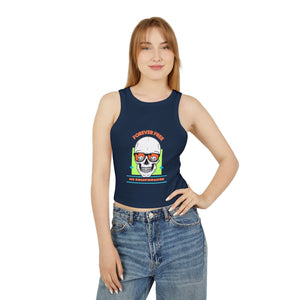 Women's Skull Print Racer Tank Top with 'Forever Free, No Compromise' design, featuring a high neck and fitted style for chic comfort and versatility.