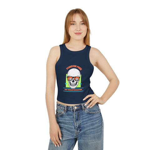 Women's Skull Print Racer Tank Top with 'Forever Free, No Compromise' design, featuring a high neck and fitted style for chic comfort and versatility.
