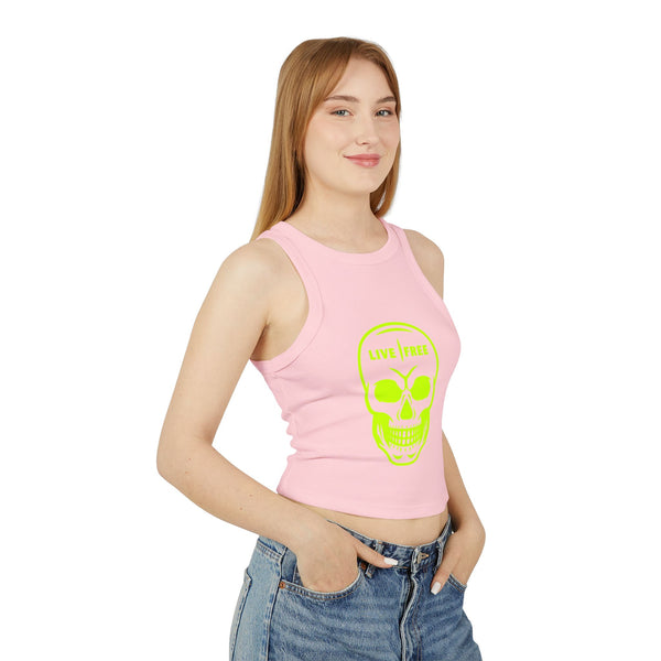 Women's Micro Rib Racer Tank Top - Neon Green Live Free Skull Design, Casual Summer Wear