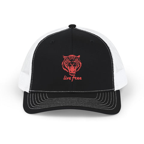 Tiger embroidered snapback trucker cap with black front and white mesh sides.