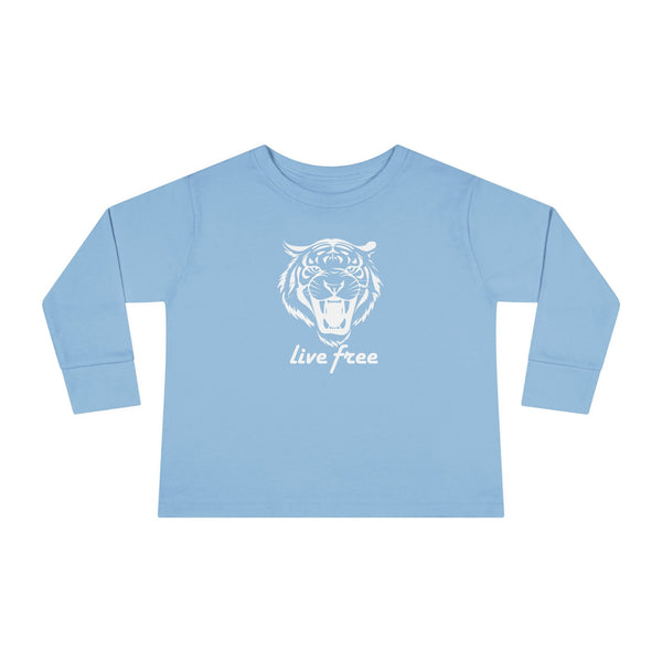 Blue toddler long sleeve tee with white tiger graphic and "Live free" text.