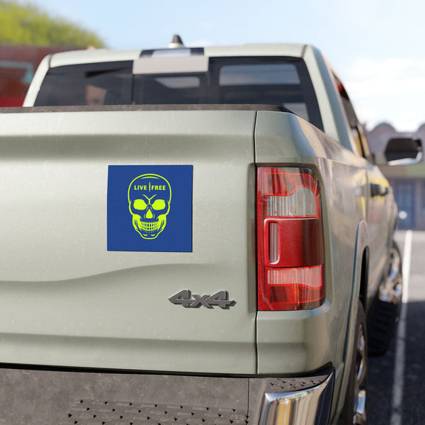 Live Free Neon Green Skull Car Magnet - Bold Automotive Decor for Adventurers