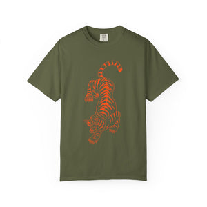 Neon orange tiger graphic unisex t-shirt, casual wear, soft cotton tee, street style fashion.