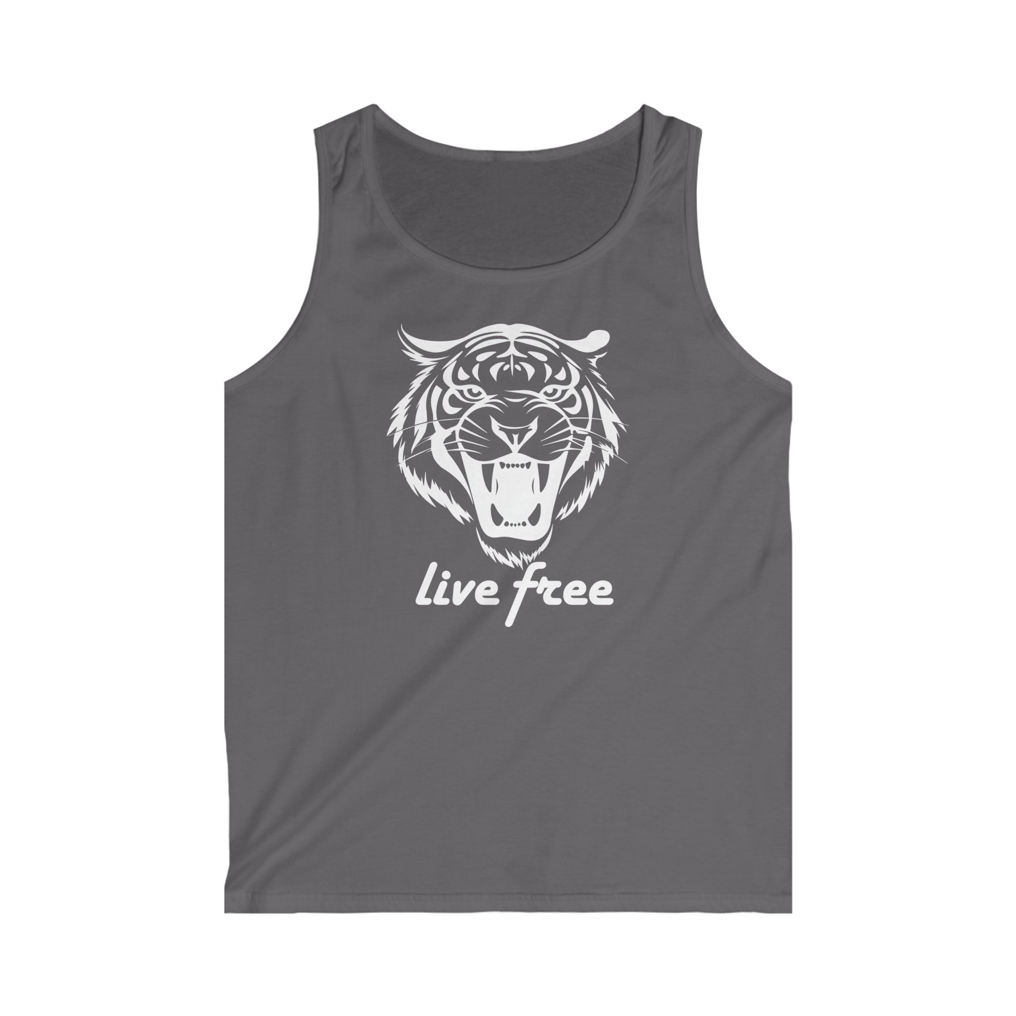 Men's Softstyle Tank Top with tiger print and "live free" text, ideal for summer adventures.