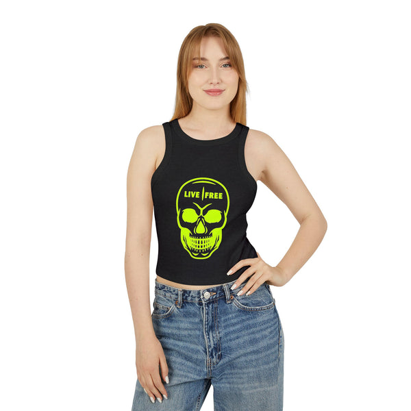 Women's Micro Rib Racer Tank Top - Neon Green Live Free Skull Design, Casual Summer Wear