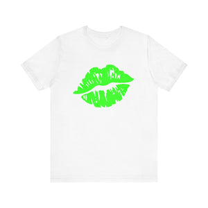 Unisex white tee with neon green kiss mark, glow-in-the-dark, bold playful style.