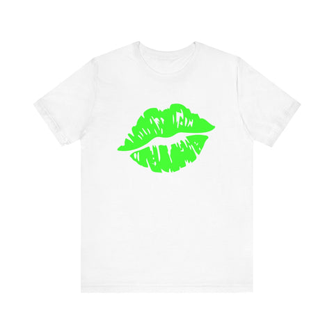 Unisex white tee with neon green kiss mark, glow-in-the-dark, bold playful style.