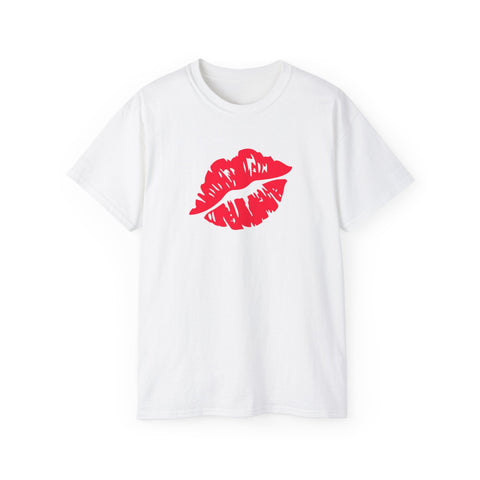 White T-shirt with neon red kiss print on front.