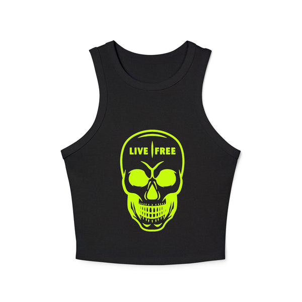 Women's Micro Rib Racer Tank Top - Neon Green Live Free Skull Design, Casual Summer Wear